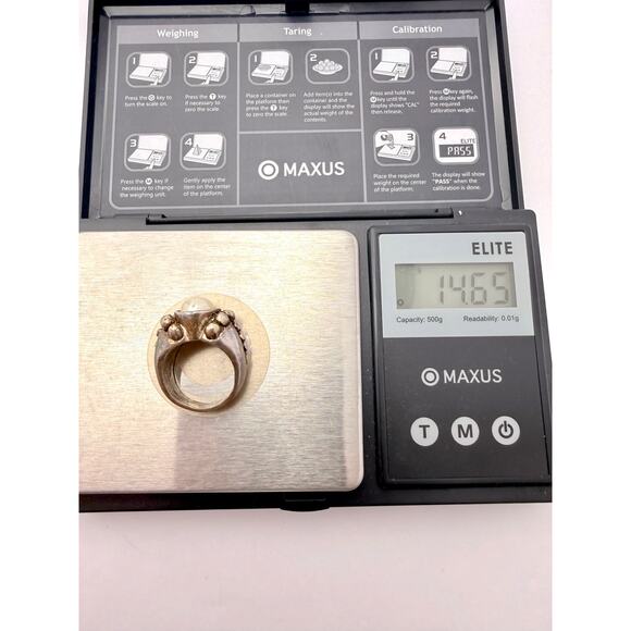 Vintage 60s Brutalist Sculptural Studio Ring Pewter & Faux Pearl - Picture 5 of 7